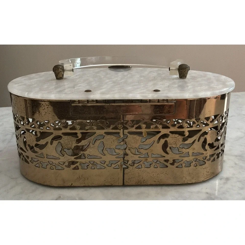 1950's Vntge Pearlescent Lucite/ Gold Tone Metal Filigree Box Top Handle Purse